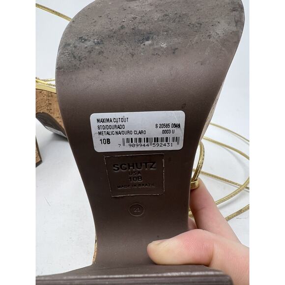 Schutz Maxima Lace Up Ankle Tie Platform Heel‎ Sandals Women's 10B Gold Metallic - Picture 7 of 9